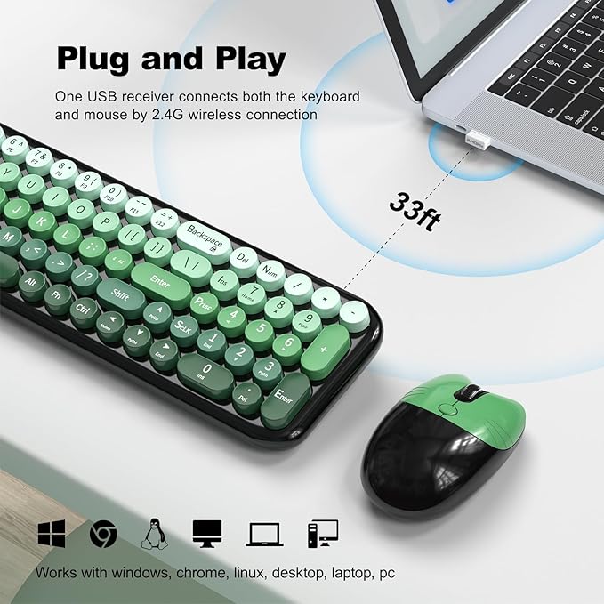 Wireless Keyboard and Mouse Combo MOWUX Compact Typewriter Retro Round Computer Keyboard Cute Optical Mouse Wireless Plug and Play for Laptop PC Computer- Black Green Gradient