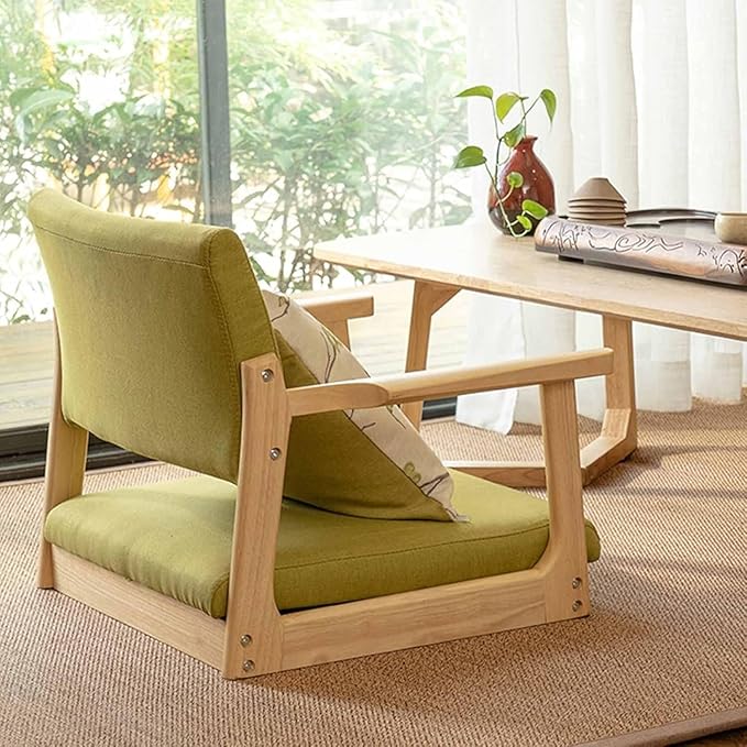 ELEFOCUS Tatami Chair Made of Solid Timber Legless with Armrest and Backrest Floor Chair Comfortable Cushion Chair with Low Seat(Red)