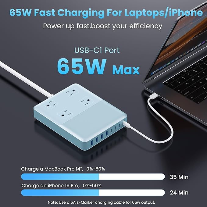 12-in-1 Charging Station USB C Power Strip with 5ft Cord200W GaN IV USB C Charger Block4 AC Outlets4 USB-A4 USB-C for MacBookiPhone 16/15/14Fast Charging Desktop Charger for Office (Light Blue)