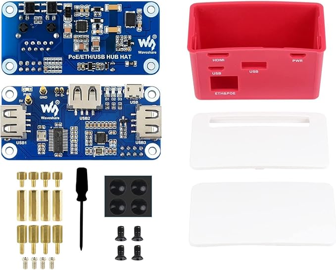Waveshare PoE Ethernet USB HUB HAT with Box ABX Case for Raspberry Pi Zero/Zerow/2 with 1 RJ45 10/100M Ethernet Port 3 USB Ports Compatible with USB2.0/1.1 802.3af-Compliant