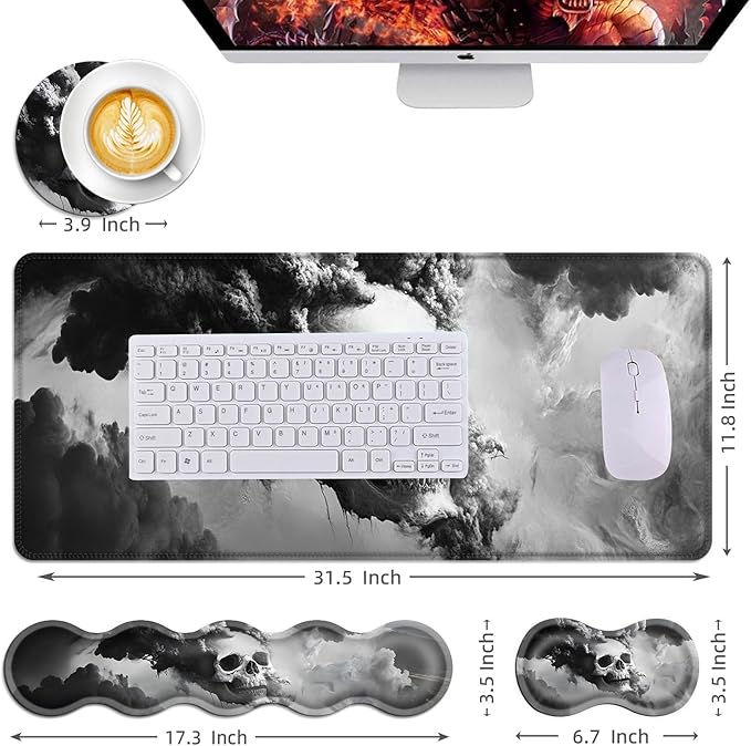 Mouse PadLarge Desk Mat Set 4in1 XL Mousepad + Keyboard Wrist Rest+Mouse Wrist Rest+Coaster with Ergonomic Desk Pad for Home Office Table Computer Cover -Smoky Skull Art