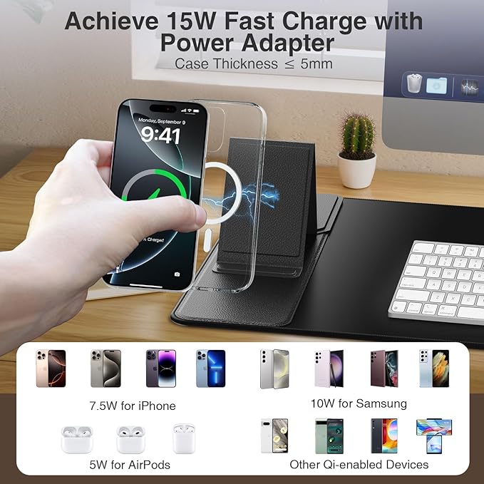 Wireless Charging Mouse Pad with Foldable Phone Holder 31.5x15.8 Large Desk Mat for Laptop/Keyboard Waterproof Ultra-Smooth Surface Non-Slip Base Black