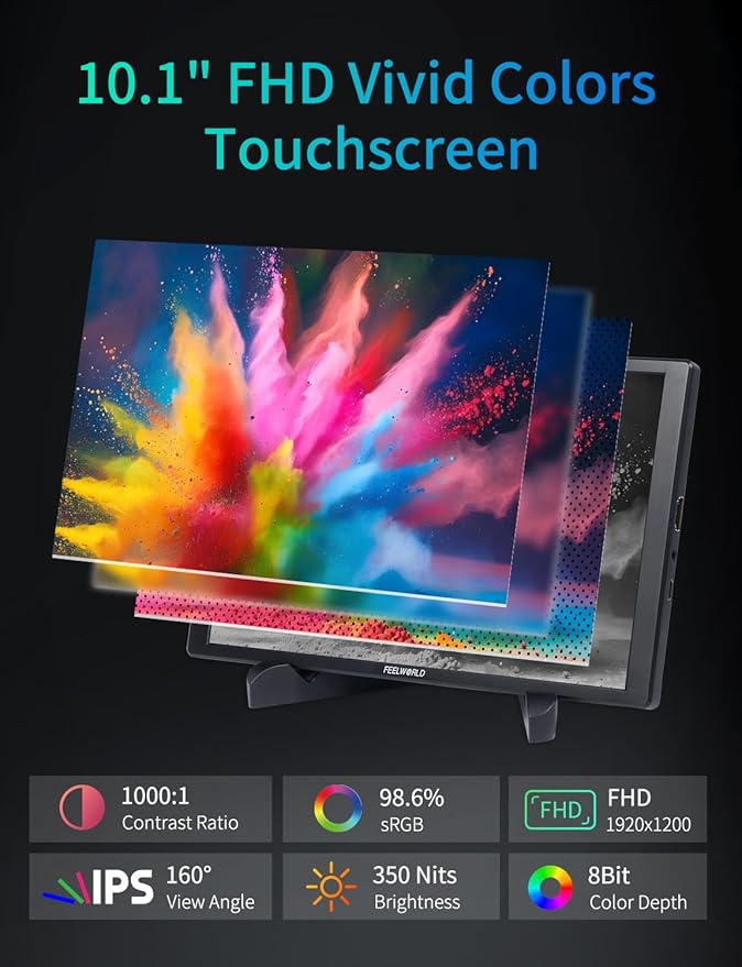 FEELWORLD D10 Touch Screen Portable Monitor10.1 Inch FHD 1920x1200 HDMI USB-C Second External Monitor for LaptopDesktopMacBookPhonesTabletPS5/4XboxSwitchRaspberry Pi Screen with Dual Speake