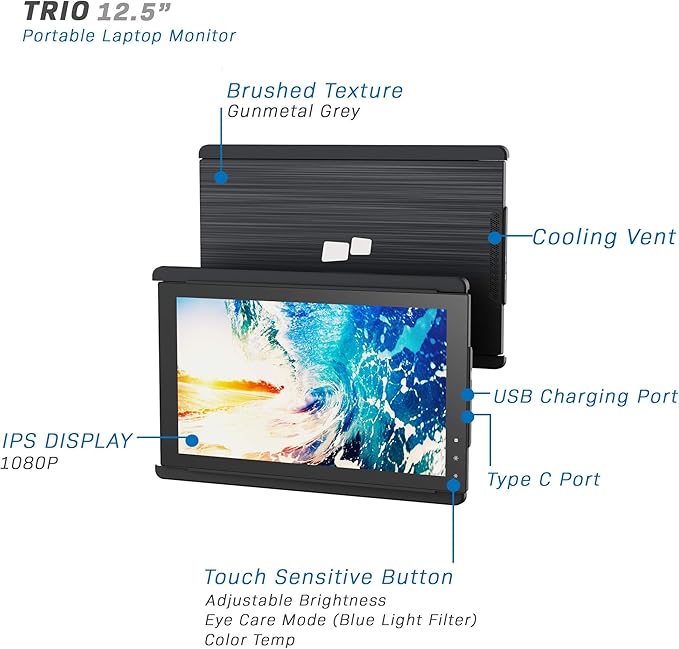 Trio Portable Monitor for Laptop Mobile 13.3 Dual &amp Triple Screen 1080P IPS Display Laptop Monitor USB A/Type-C On-The-Go for Mac PCLinux Chromebook 13-17 Laptops