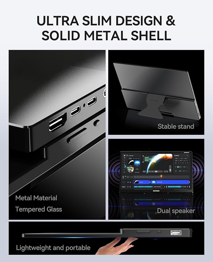 15.6 Inch Portable Monitor 4K UHD 3840x2160P/w SleeveMetal Shell &amp Kickstand &amp Dual SpeakerGaming MonitorTravel MonitorPlug&ampPlay for LaptopPCPhoneXboxPS4/5SwitchPi Black PMT-1
