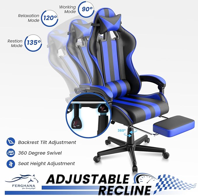 Ferghana Blue Gaming Chairs with Footrest PC Gaming Chairs for Adults Teens Racing Style Luxurious Comfort Waterproof PU Leather