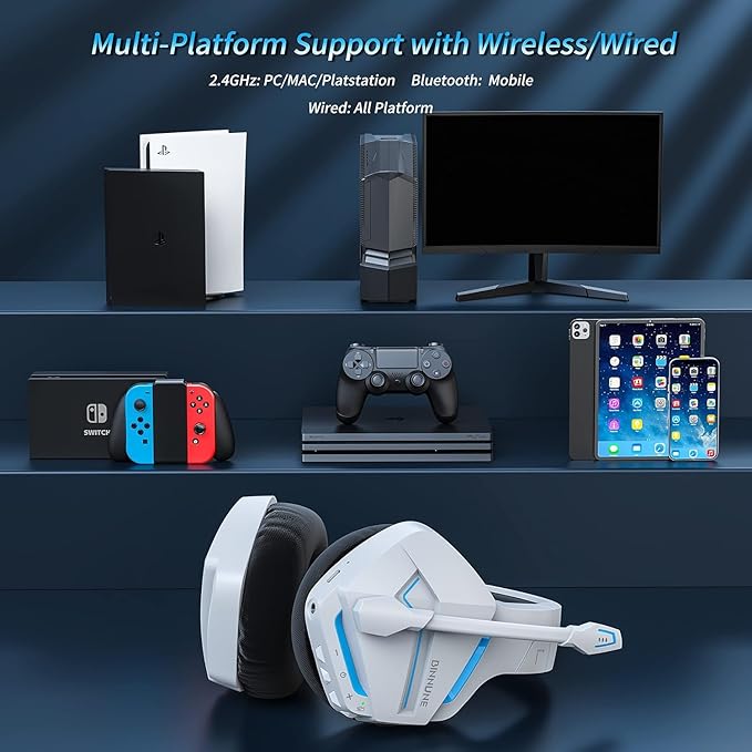 BINNUNE 2.4GHz Wireless Gaming Headset Bluetooth 5.3 Gaming Headphones with Noise Canceling Mic 120H Ultra-Long Battery 50mm Drivers Multi-Platform for PC / PS5 /PS4/ Switch/Mobile White