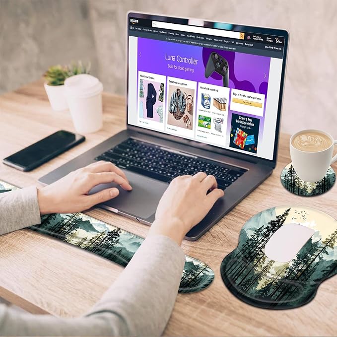 Bxgolkgd Ergonomic Gel Mouse Wrist Rest Pad and Keyboard Pad SetAnti-Slip PU Bottom Easy Typing and Relieve Wrist Pain with Cute Coaster Set (3-Mountain Forest)