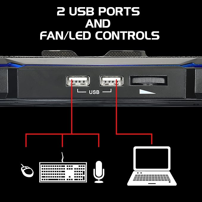 ENHANCE Cryogen 5 Gaming Laptop Cooling Pad Stand - Laptop Cooler with 7 Adjustable Height Settings &amp Dual USB Ports up to 17 inches - 1 Ultra Quiet High Performance LED Fan 800 RPM - Blue