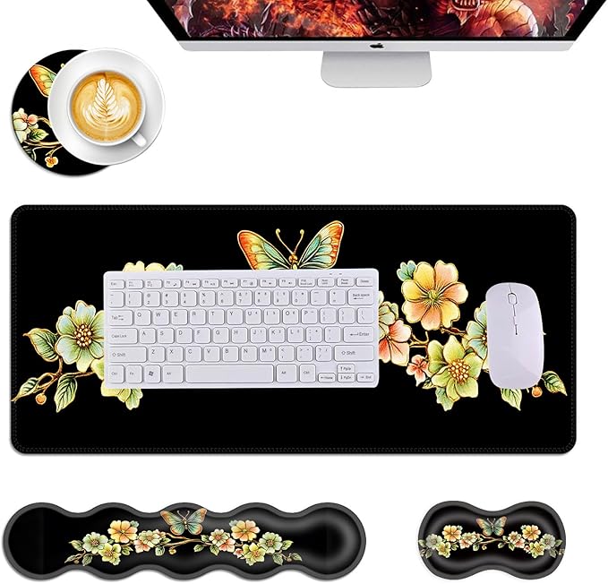 Mouse PadLarge Desk Mat Set 4in1 XL Mousepad + Keyboard Wrist Rest+Mouse Wrist Rest+Coaster with Ergonomic Desk Pad for Home Office Table Computer Cover -Vintage Floral Butterfly