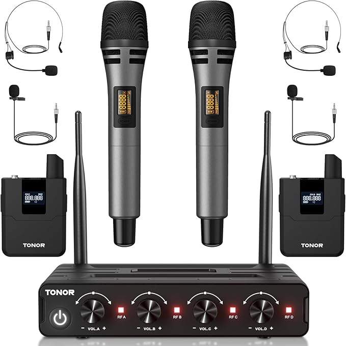 TONOR Wireless Microphone System 4 * 10-Channel UHF Cordless Handheld Mic Set with Headset/Lavalier Lapel Mics Bodypack Transmitter Receiver 60 m/200ft Range for Karaoke Singing Church PA Speaker