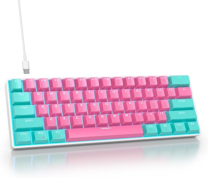 Portable 60% Mechanical Gaming Keyboard 60 Percent Red Switch LED Backlit 61 Keys Mini Pink USB Wired Office Keyboard for Windows Mac Laptop PC