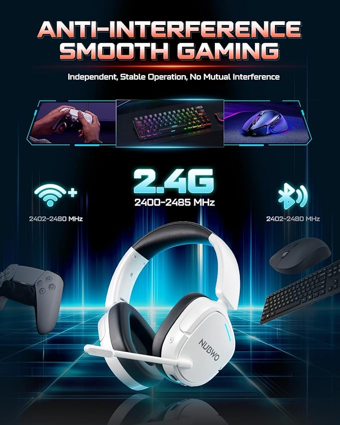 NUBWO Gaming Headset Wireless for PS5 PC PS4 - Dual 2.4G &amp Bluetooth Simultaneous Headphones EQ Sound Modes Noise-Canceling Mic 50-Hour Battery Comfortable Foldable Design 270g Lightweight