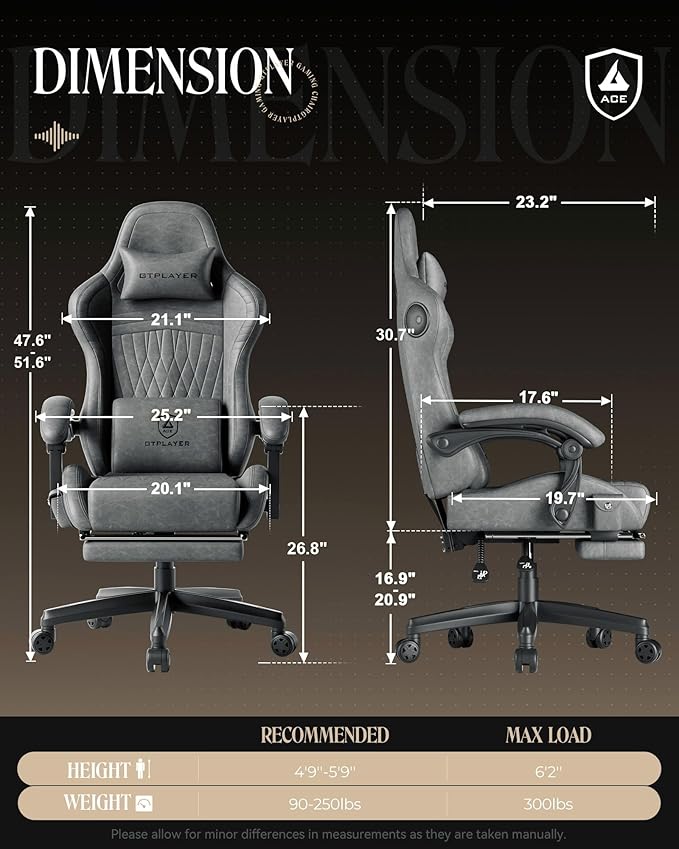 GTPLAYER Gaming Chair with Speakers Video Game Chairs with Footrest PC Gamer Chairs for Adults - Padded High Back Ergonomic Reclining Silla Gamer Linkage Armrest Ace Pro Grey