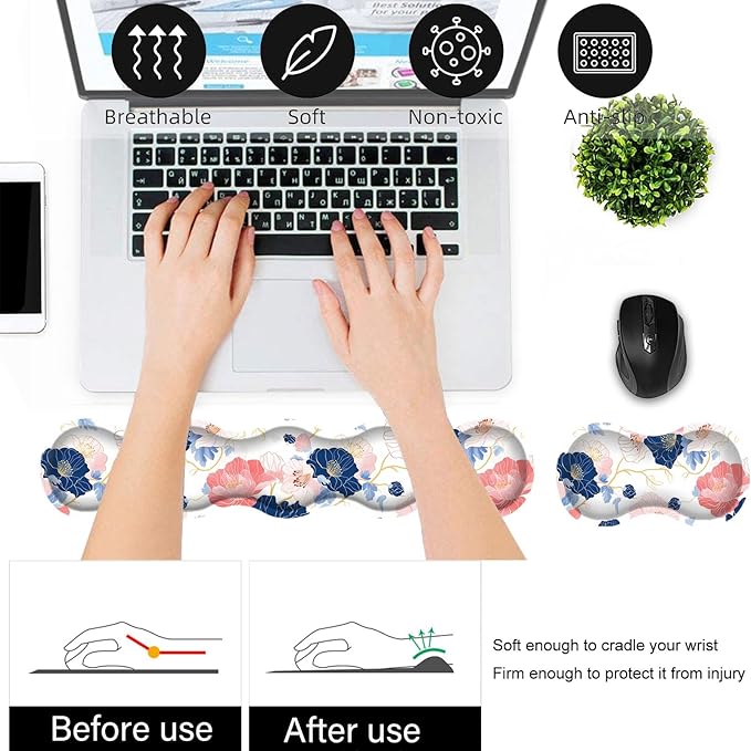 Bxgolkgd Desk Mat SetMouse Pad with Keyboard Wrist Rest &amp Mouse Wrist RestWave-Shaped DesignNon-Slip Rubber BaseErgonomic Desk Mat for HomeOfficeGamingAbstract Flowers
