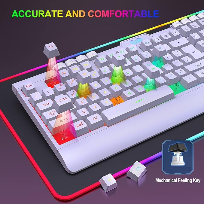 H8 Wireless Gaming Keyboard and Mouse Combo LED Backlit Rechargeable 3800mAh Battery Mechanical Feel Anti-ghosting Keyboard with Wrist Rest + 7D 3200DPI Mice for Windows Mac PC Laptop