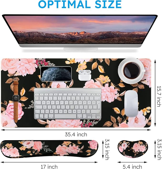 iCasso Keyboard Mouse Pad SetExtended Gaming Mouse Pad + Keyboard Wrist Rest Support Memory Foam Easy Typing Pain Relief 3Pcs (35.4×15.7 in) Large Ergonomic XXL Thick Mousepad Desk Mat