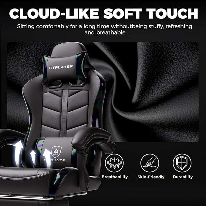 GTPLAYER Gaming Chair with Footrest Computer Gaming Chair for Adults and Kids Height Adjustable Gamer Chair with 90-155° Recline &amp Removable Headrest Lumbar SupportColorful Black