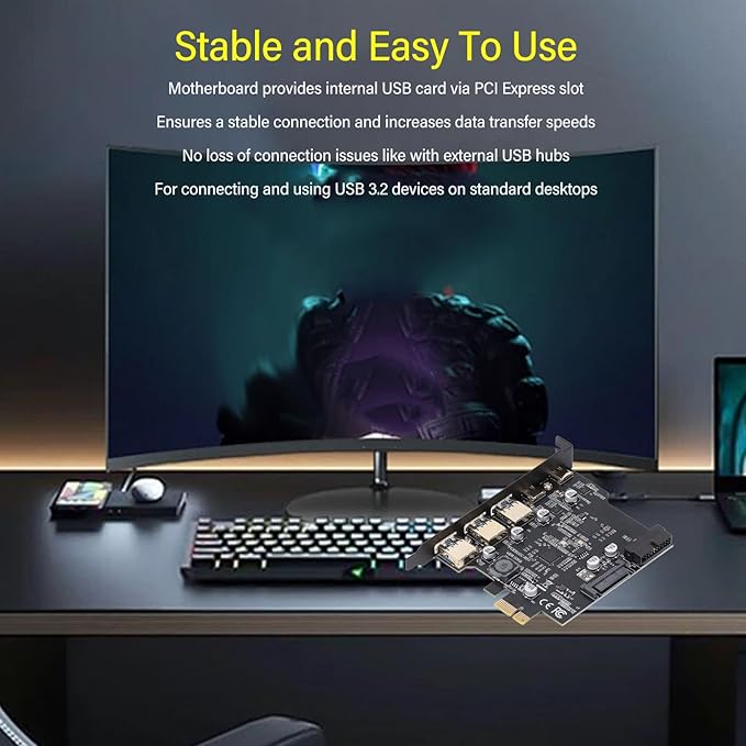 PCIe to USB 3.2 Gen 2 Expansion Card with 20 Gbps Speed 5-Port USB Hub (3 Type A + 2 Type C) for Desktop PC Compatible with USB 3.2 Devices Supports Windows Linux and macOS Operating Systems