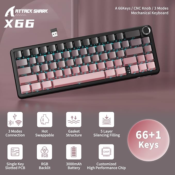 ATTACK SHARK X66 Wireless Mechanical Gaming Keyboard with KnobTri Mode USB-C/BT5.0/2.4G Gasket Mounted 60% RGB Gaming KeyboardSide Printed PBT Keycap Hot Swappable Strawberry Switch(BlackBerry)