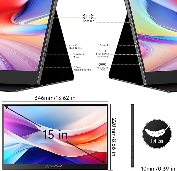 AYY Portable Monitor for Laptop 15 Inch FHD 1080P USB-C HDMI Travel Monitor External for Computer Second Display HDR IPS Gaming Monitor Extender for PC MAC Phone PS4/5 Xbox Switch Built-in Speakers