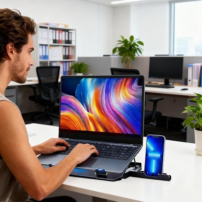Adjustable Laptop Cooler - Cooling Pad Stand Ergonomic Design with Built-in-Fans Height Adjustable Feature with Airflow Desk Accessories Equipment Notebook Stand for Offices