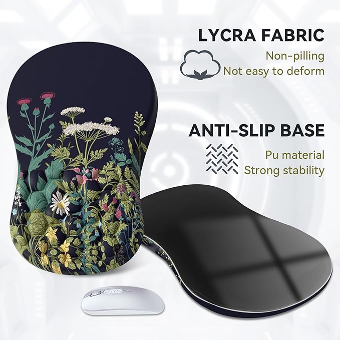 AIMSA Upgraded Wrist Rest Support Mouse Pad Ergonomic Mousepad Massage Memory Foam Design Pain Relief Comfortable Wrist Cushion Mat Non-Slip PU Base for Home Office Flowers Plants