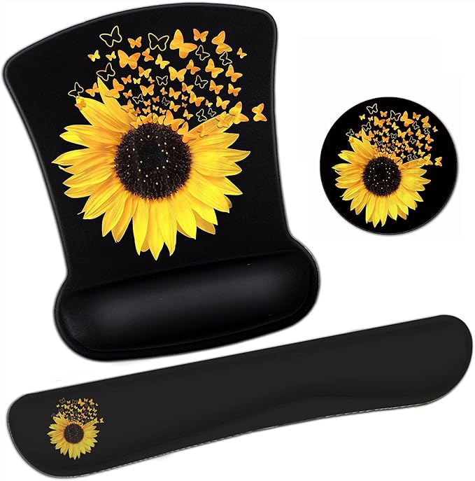 Ergonomic Mouse Pad Wrist Support Gel and Keyboard Wrist Rest Set Sunflowers and Butterflies in Bloom Design for Laptop Mac Gaming and Office Durable Comfortable and Pain Relief + Coaster