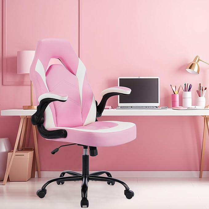 Heavy Duty Gaming Chair Ergonomic Gamer for Home Office with Lumbar Support Adjustable Backrest Flip-Up Armrest and Stable 360° Swivel Wheels for Adults Professional Gamers and Teens Pink-White