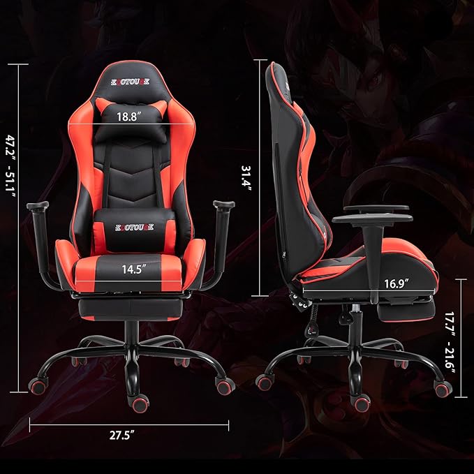 ECOTOUGE PC Massage Gaming Chair with Footrest Ergonomic Office Desk Chair Adjustable Massage Lumbar Cushion and Headrest Red