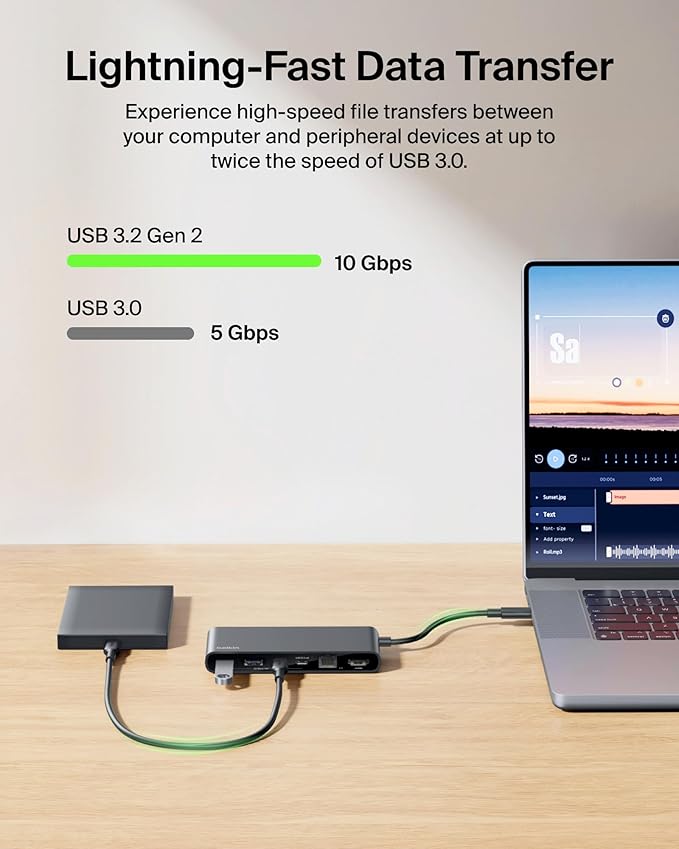 Belkin Connect 8-Port USB C Hub Supports Display w/Resolutions up to 4K@60Hz - Works with Mac Windows and Chromebook - 100W PD w/ 10Gbps Data Transfer Speeds &amp 2.5Gbps Ethernet - Black