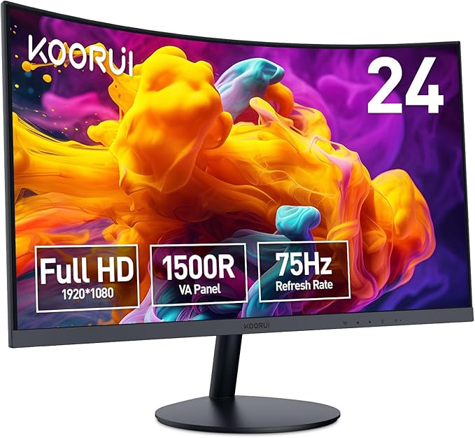 KOORUI 24 inch Curved Monitor Full HD 1080P Curved Computer Monitor 1500R Screen HDMI VGA Tilt Adjustment LCD Display Eye Care Black 24N5CA