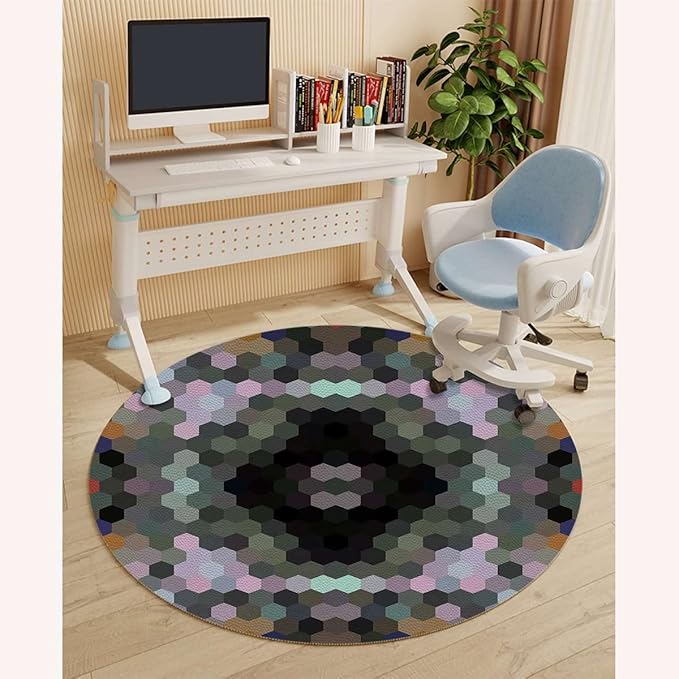 Brown Blue Office Chair Mat for Hardwood Floor Modern Hexagonal Mosaic in Gradient Tones Large Anti-Slip Floor Protector RugAnti-Slip Home Chair MatEasy to Clean Geometric Diameter 35.4 in