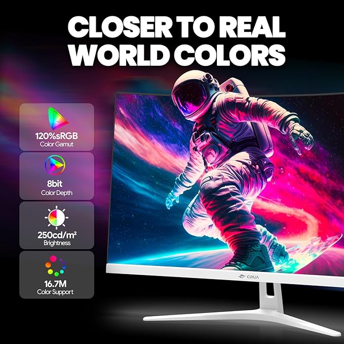 CRUA 27 Curved Gaming Monitor FHD 1920x1080P 165Hz/200Hz Computer Monitor 1800R VA Screen 120% sRGB Support AMD FreeSync Blue Light Filter HDMI &amp DP Wall Mount Install- White