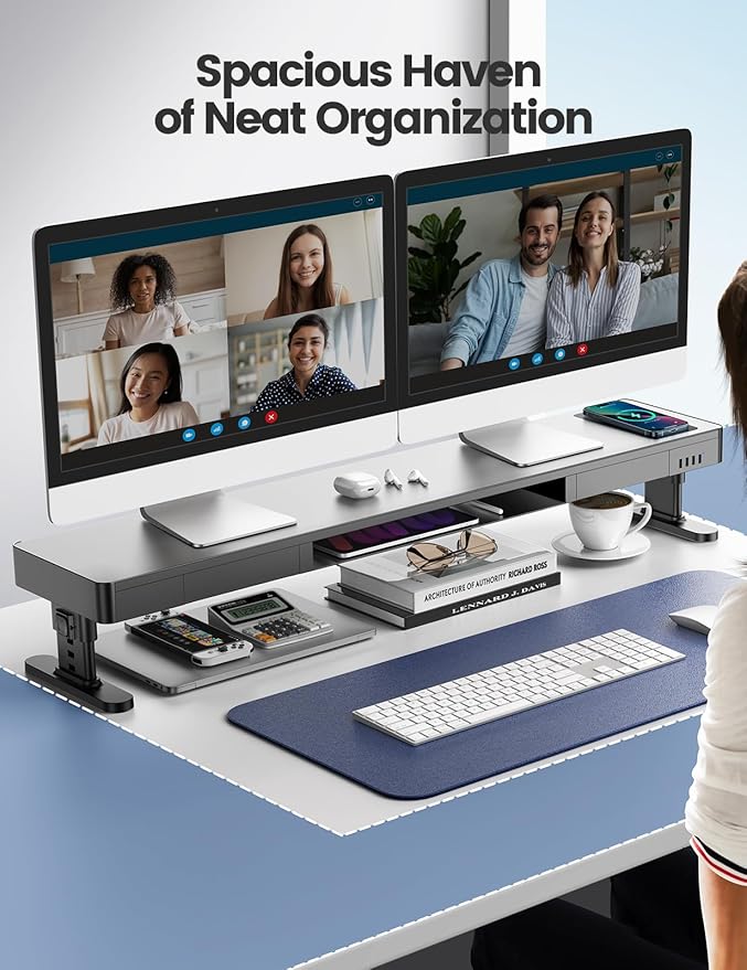 meatanty Dual Monitor Stand with 4 Adjustable Heights Auto Phone Charging Pad 4 USB Ports Computer Riser with Drawers Storage Metal Double Desk Organizer Lifter Raiser for 2 Monitors Screen Gift