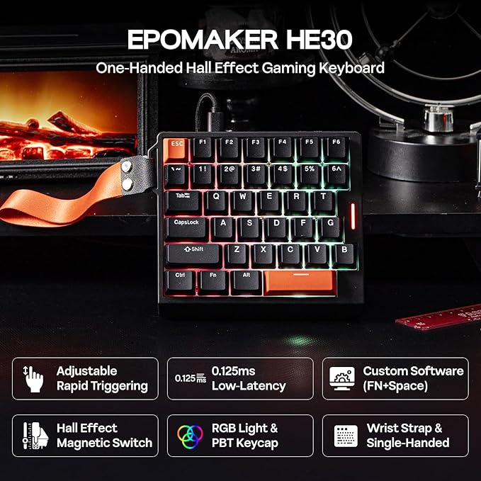 EPOMAKER HE30 One-Handed Hall Effect Keyboard 8K Polling &amp 0.125ms SOCD &amp Snap Key Adjustable Trigger PBT Keycap RGB Custom Software Wired Gaming Keyboard for PC/Gamer (Black Orange)