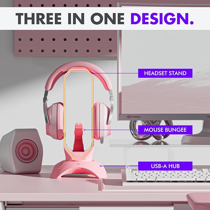 Tilted Nation Cute Headphone Stand Pink | Headset Stand with RGB Mouse Bungee Holder and 2 Port USB Hub Charger - Desk Gaming Accessories