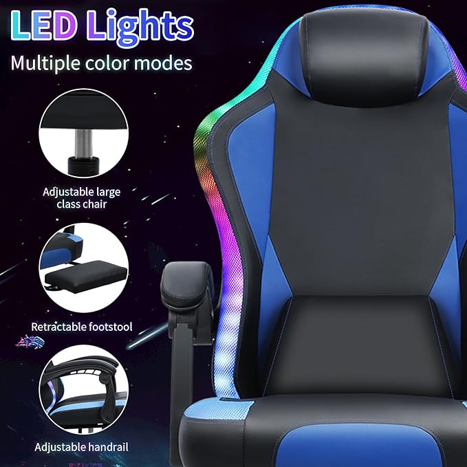 Gaming Chair with LED Light Ergonomic High Back Computer Chair with Massage Lumbar Support Adjustable Reclining Office Chair Retractable Footrest (Blue)