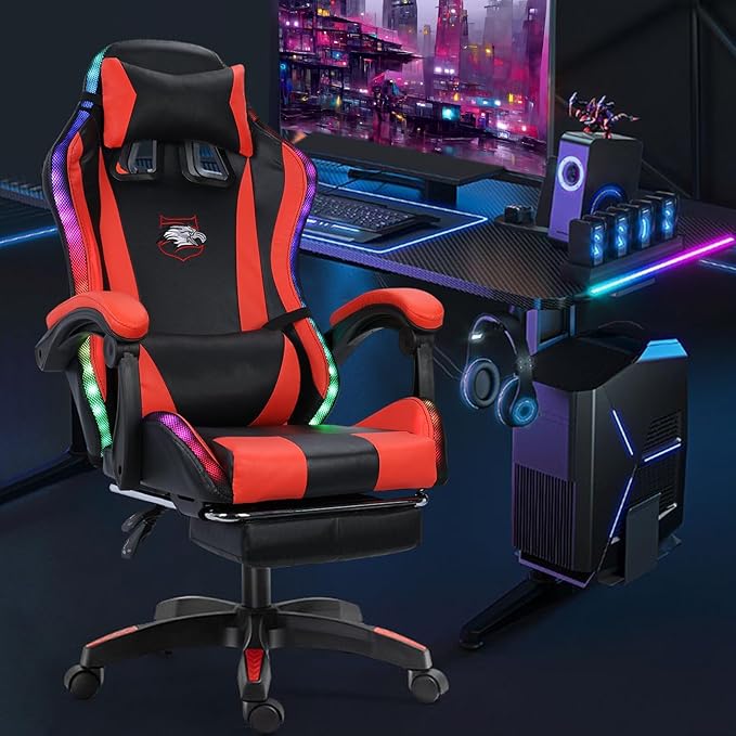 Gaming ChairComputer Chair with Footrest and Lumbar SupportHeight Adjustable Game Chair with 360° Swivel Seat and Headrest for Office&ampGamingOffice Chair with Bluetooth Speakers&ampLED Lights (