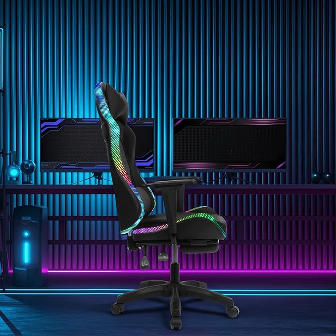 YOXIER Gaming ChairsGaming Desk Chair with Retractable Footrest350lbs Load Capacity Ergonomic Gaming ChairGaming Computer Chair with Two Bluetooth Speakers Multiple LED Light Modes Game Chair for