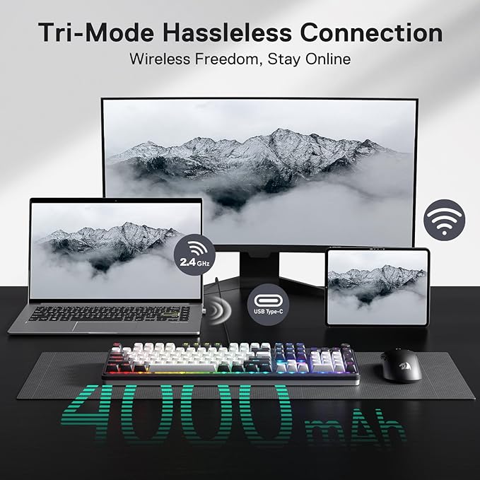 Redragon K762 Wireless Gasket Gaming Keyboard w/Hype Screen &amp Knob 104 Keys Mechanical Keyboard Easy-Control 1.14’’ TFT Info Display 5-Layer Noise Dampening Round PBT Keycaps Mint Mambo Switc