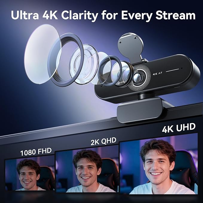 EMEET C60E 4K Webcam with Tripod Streaming Camera with PDAF Autofocus Dual Microphones Auto Light Correction 73° FOV Plug &amp Play USB Webcam for Live Streaming Gaming &amp Real-Time Interact