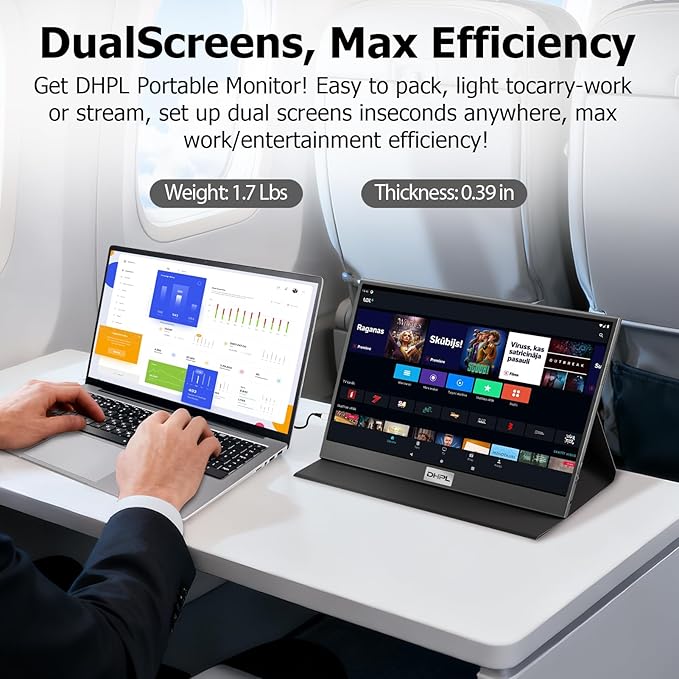 DHPL15.6 Inch Portable Monitor for Laptop - FHD 1080P IPS Anti-Glare Screen Dual USB-C/HDMI Built-in Speakers VESA Holes - Travel Screen Extender Compatible with Laptop PC Phone PS4/5 Switch