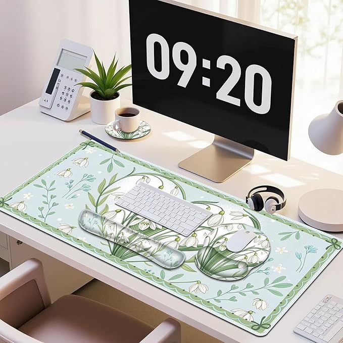 Floral Desk Mat 4in1 Large Mouse Pad with Wrist Rest Desk Matt for Desktop Desk Pad Mat Anti-Slip XXL Big Computer Ergonomic Mousepad with Wrist Support for Keyboard and Mouse I Green Flower Heart