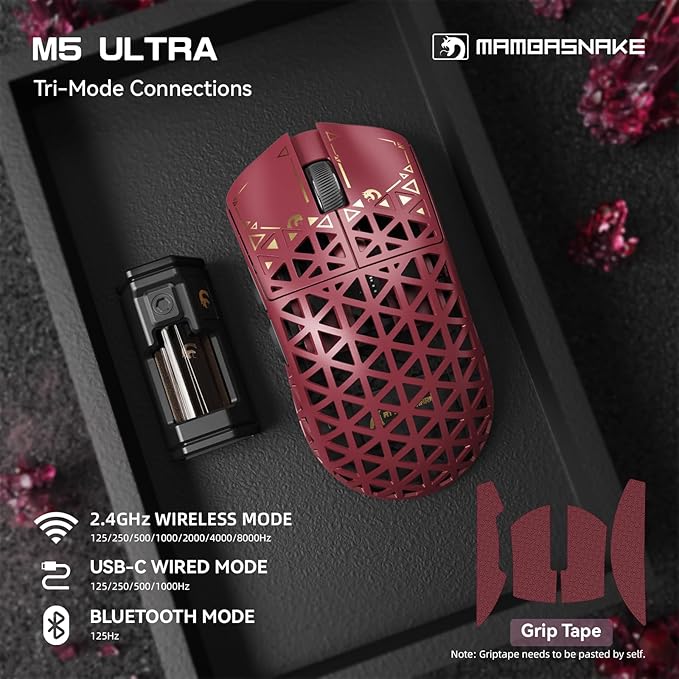 MAMBASNAKE M5 Ultra Carbon Fiber 8KHz Wireless Gaming MousePAW3950MAX Sensor 42K DPI39g Superlight Tri-Mode 2.4GHz/BT/Wired Computer MiceWeb Driver Supportfor Win/Mac/FPS/MOBA/Esports-Red (B)