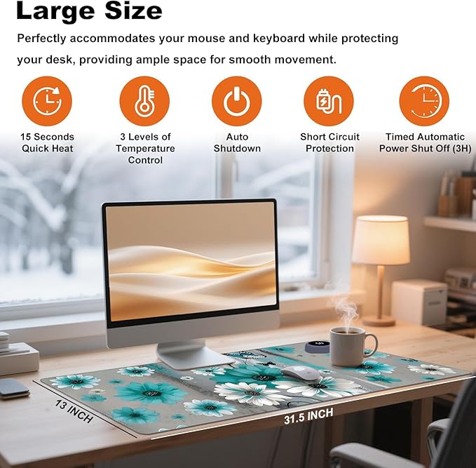 Heated Desk Pad 31.5 x 13 3 Large Heated Mouse Pad with Heat Levels (40°C/45°C/50°C) &amp 3H Auto Shut-Off Desk Mat Fast Heating PU Leather Warmer Mousepad for Home OfficeSunflowers and Butterflie