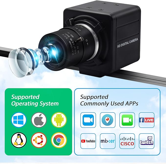 8MP USB Camera with Zoom 2.8-12mm Lens Webcam Variable Focus PC Camera Mini UVC USB2.0 USB with Camera for Computer IMX179 Manual Zoom Close-up Camera Varifocal Web Camera for Raspberry Pi Laptop