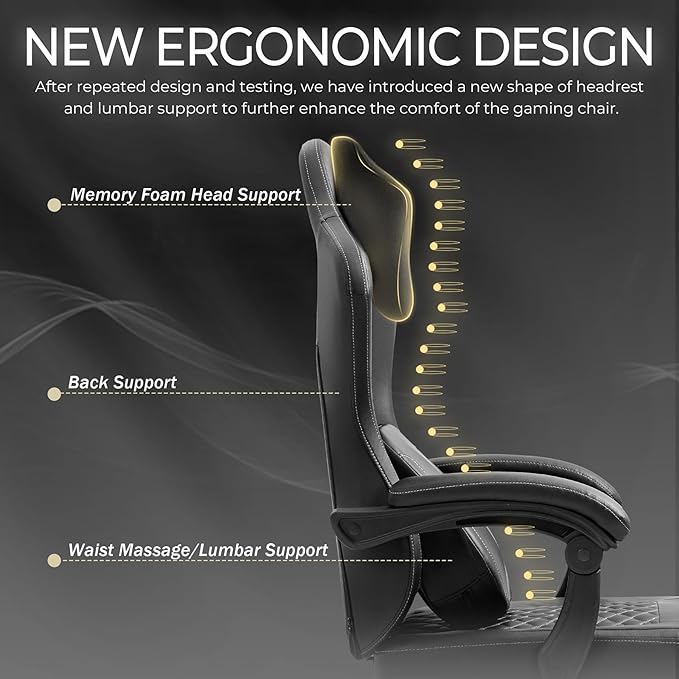 Gamer Chairs for Adults Ergonomic Gaming Chair with Massager &amp Footrest Video Game Chairs with Swivel Seat and Headrest (Black)