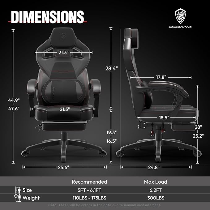 Dowinx Gaming Chair with Footrest Big and Tall Gaming Chair for Heavy People Gamer Chair for Adult with Massage Ergonomic Gaming Chair with headrest Computer Game Chair for 200lbs Black