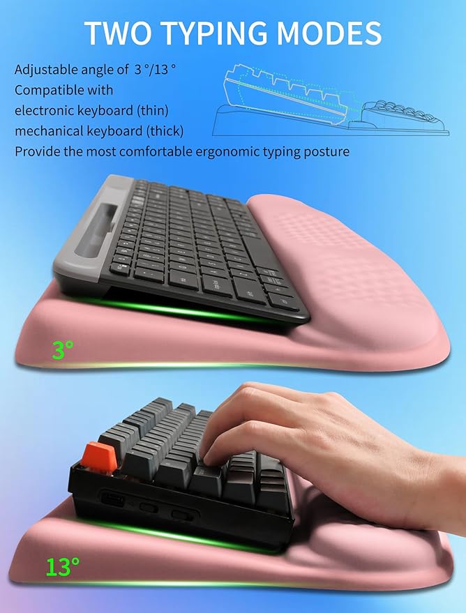 Ergonomic Wave Wrist Rest with Keyboard Stand Cushioned Palm Rest Comfortable Integrated Memory Foam for Natural Typing and Relieve Wrist Pain Pink Serenity